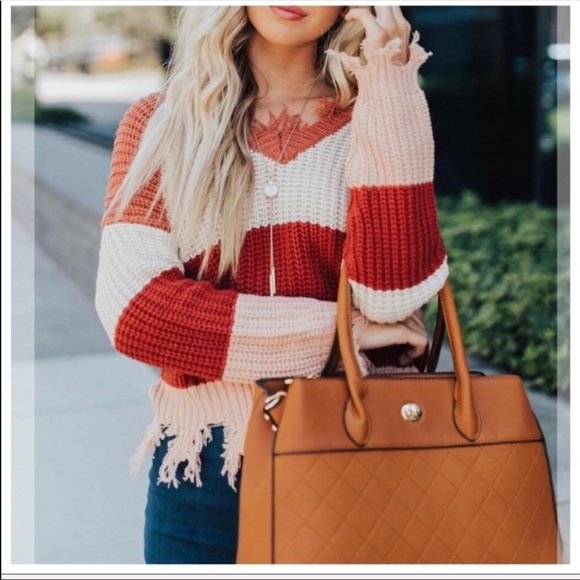 Hot🔥Striped sweater w/gr8 color & on-trend fray - Picture 2 of 4